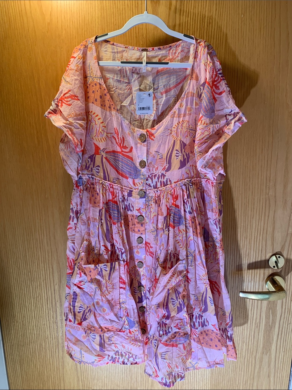 New! Free People 100% Cotton Pink Floral Button-Front Dress w/ Camisole Lining-